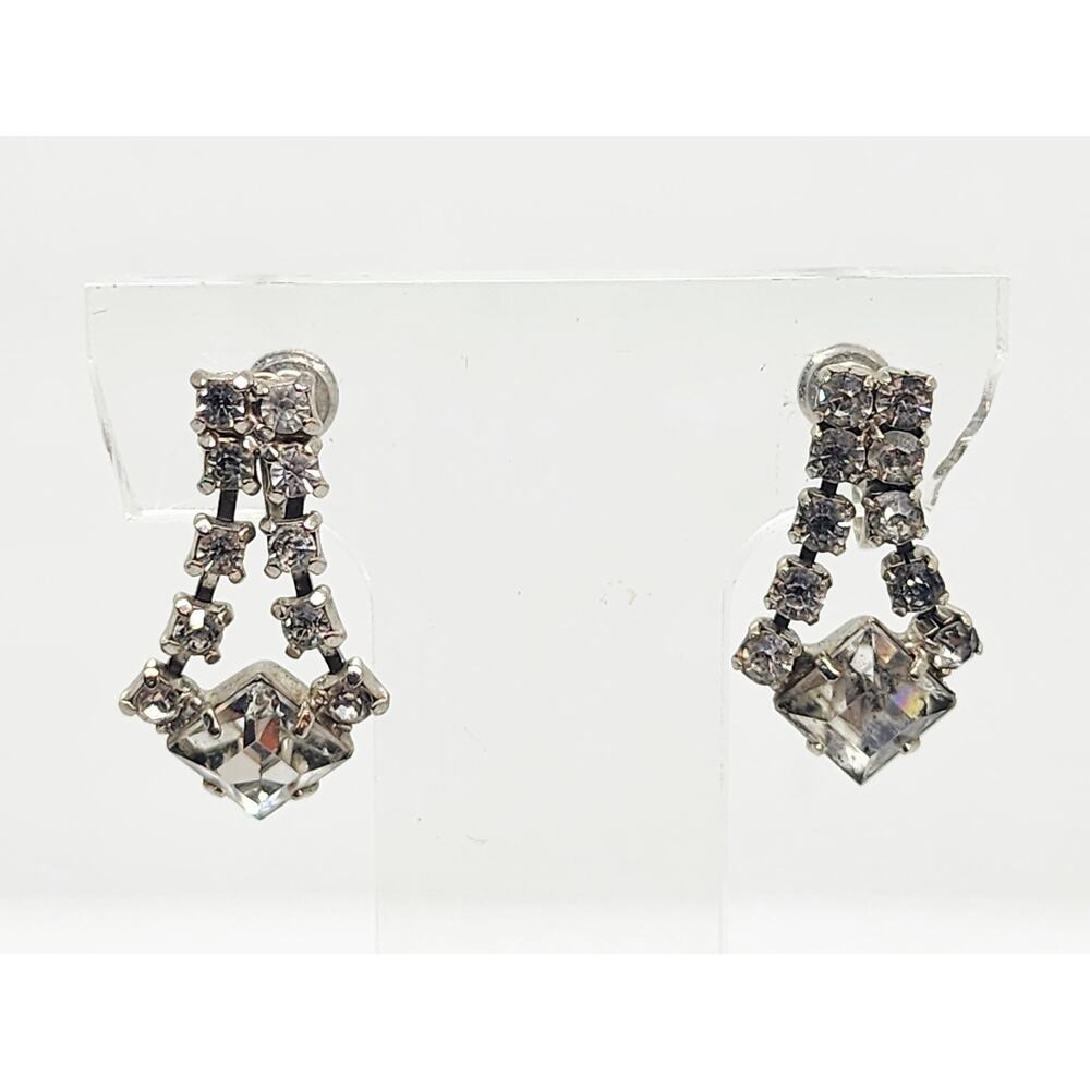 Vintage Rhinestone Dangle Earrings Screw Back Square Drop Silver Tone 1950s